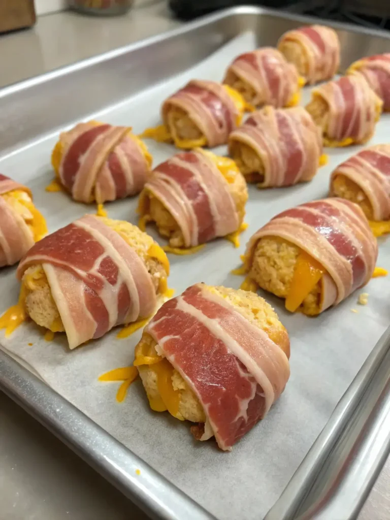 Cheddar-Stuffed bacon bombs on baking sheet before cooking