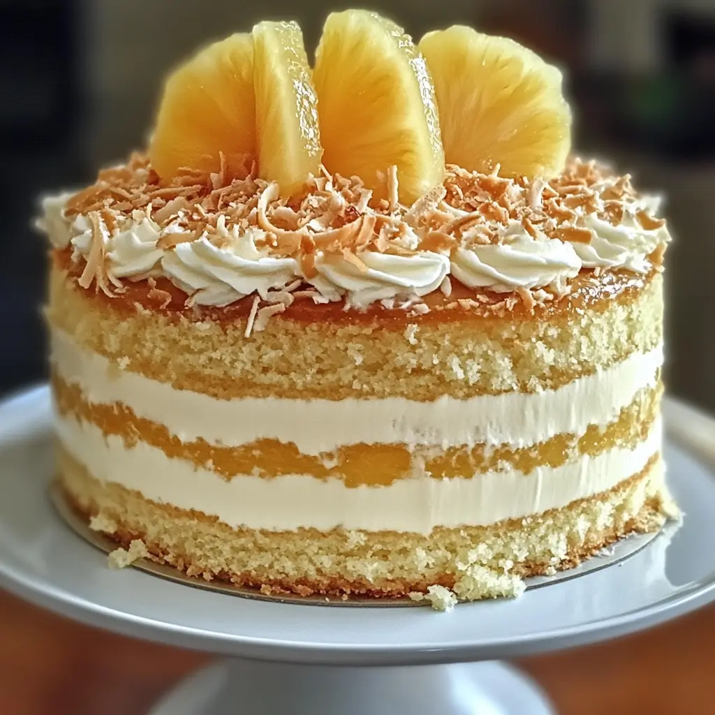 Moist coconut cream cake layered with rich pineapple jam and fluffy whipped cream, topped with toasted coconut flakes and fresh pineapple slices.