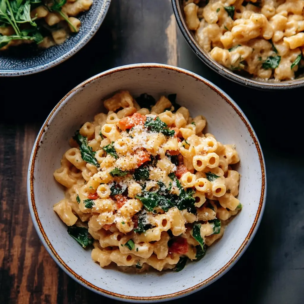 Ditalini Pasta Recipe – Creamy ditalini pasta tossed with spinach, tomatoes, and sprinkled with grated cheese in a ceramic bowl.