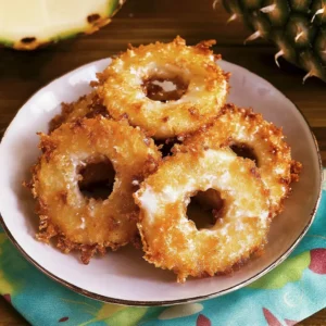 Fried Piña Colada Rings – crispy golden pineapple slices coated in a coconut batter and lightly fried, served on a white plate.