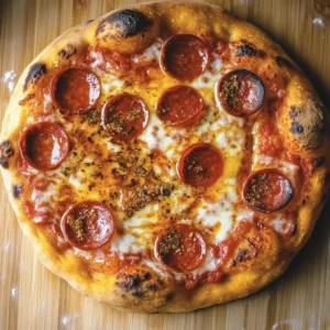 Hot Honey Pepperoni Pizza Recipe – A golden, bubbly pizza topped with melted mozzarella, crispy halal pepperoni, and a drizzle of spicy honey.