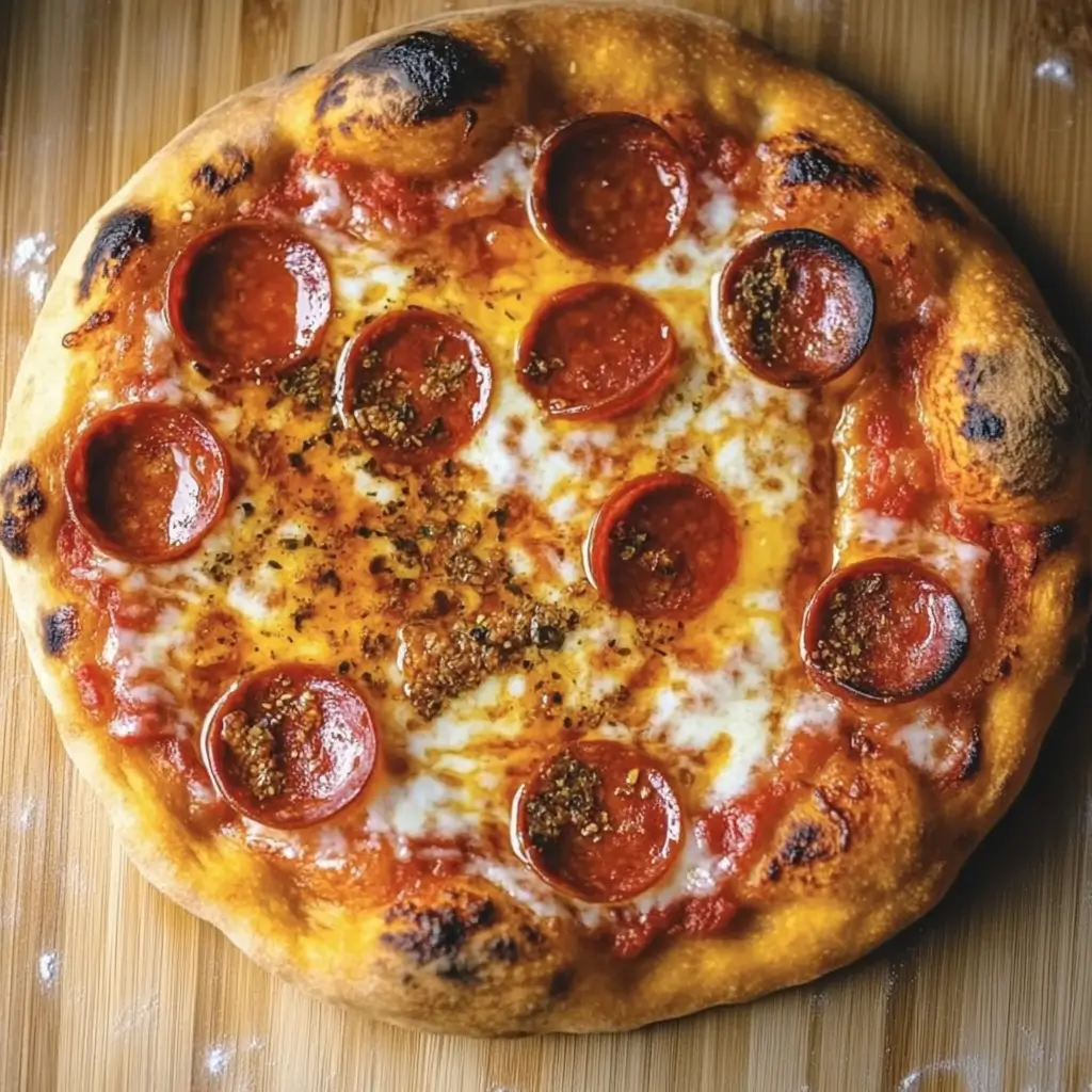 Hot Honey Pepperoni Pizza Recipe – A golden, bubbly pizza topped with melted mozzarella, crispy halal pepperoni, and a drizzle of spicy honey.