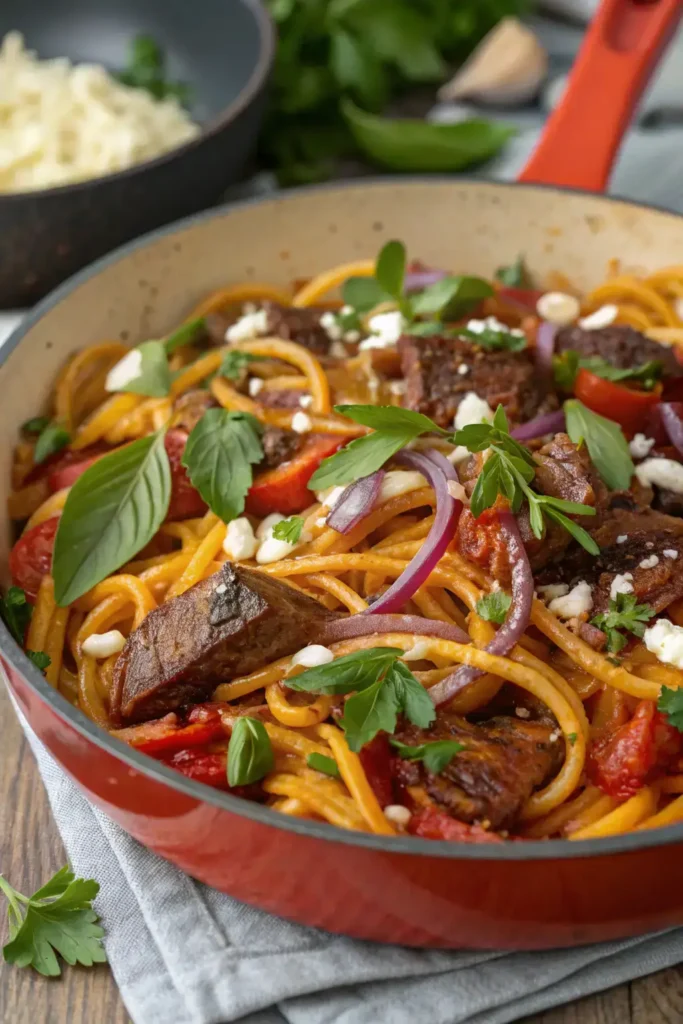 Smoky Honey BBQ Steak Pasta – Tender steak, BBQ sauce, and pasta in one hearty pot.