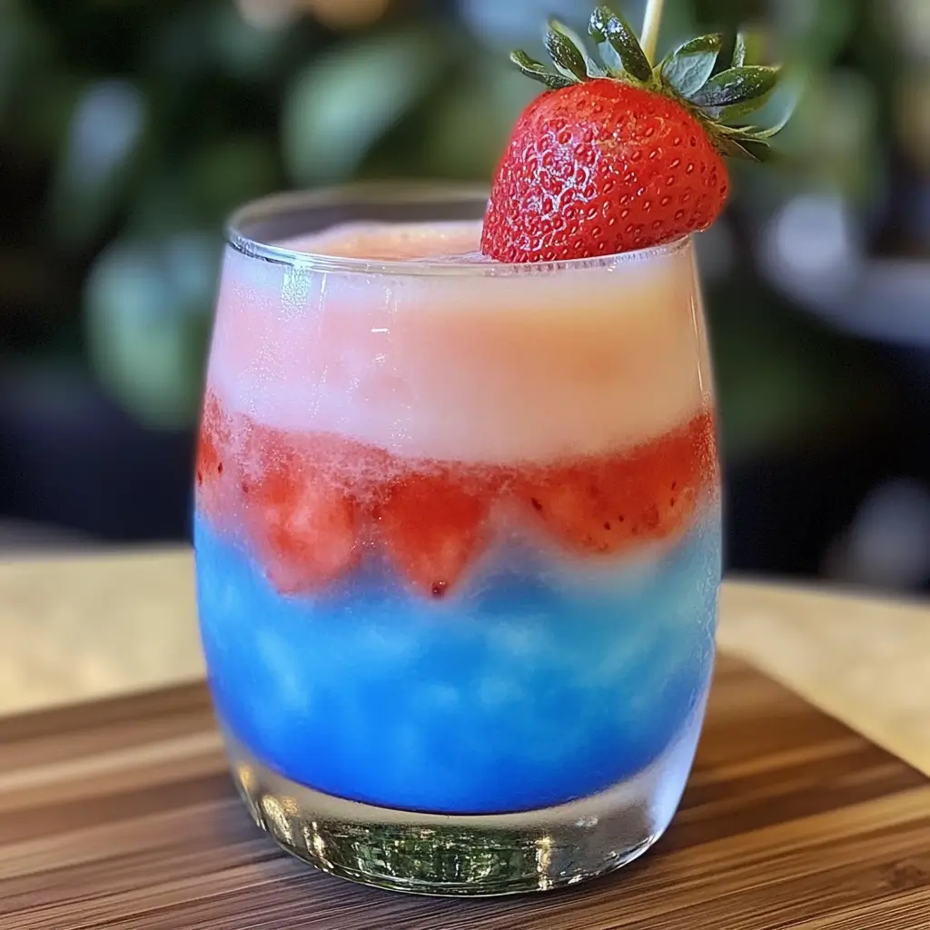 Patron Strawberry Blue Hawaiian – a colorful layered drink with bright blue, red, and white frozen layers, garnished with a fresh strawberry.