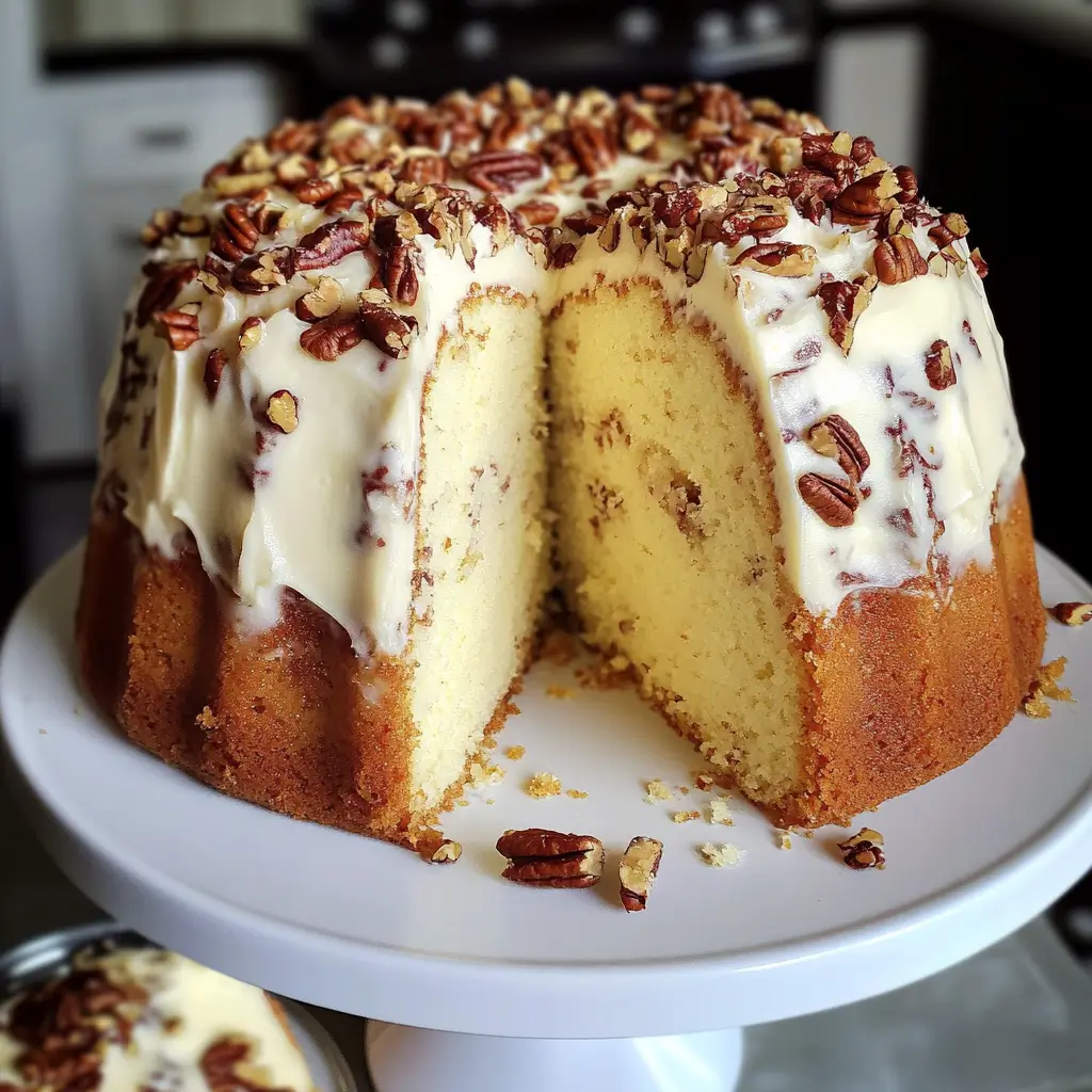 Pineapple pecan cream cheese pound cake topped with frosting and chopped pecans, with a slice cut out.