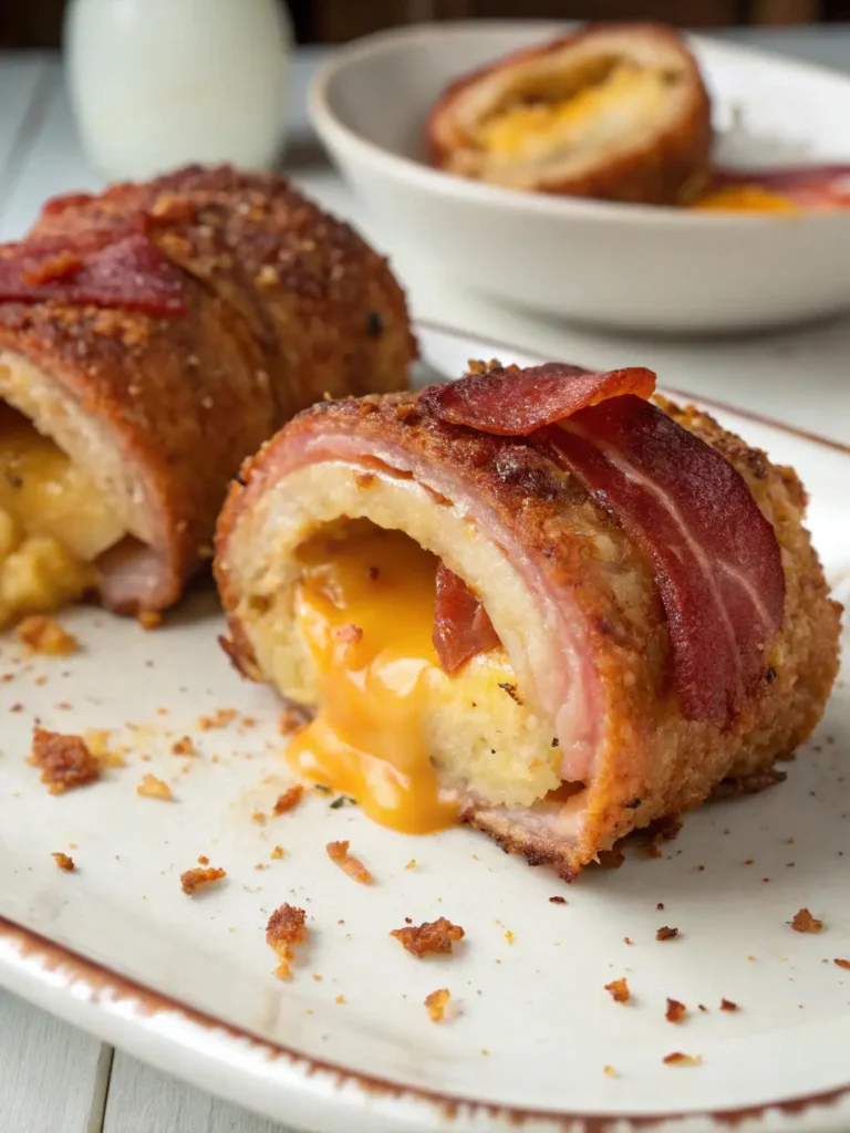 cooked bacon bomb showing melted cheese center
