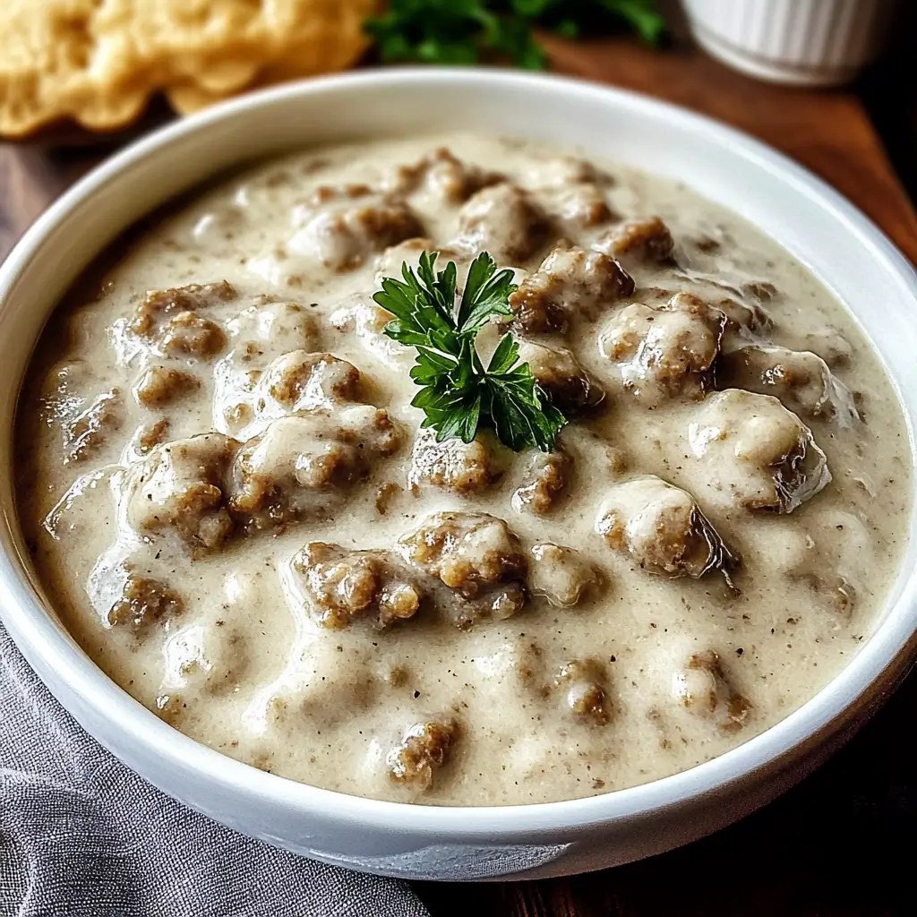 A white bowl filled with creamy keto sausage gravy, topped with a fresh parsley garnish. The gravy has a rich, thick texture with chunks of ground meat throughout.