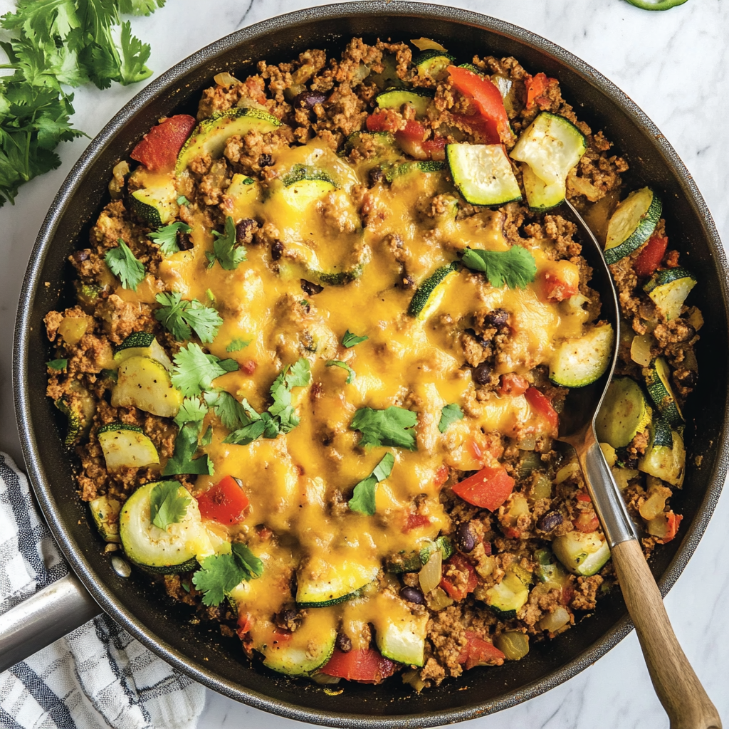 One-pan taco zucchini skillet with ground beef, melted cheese, and fresh herbs.