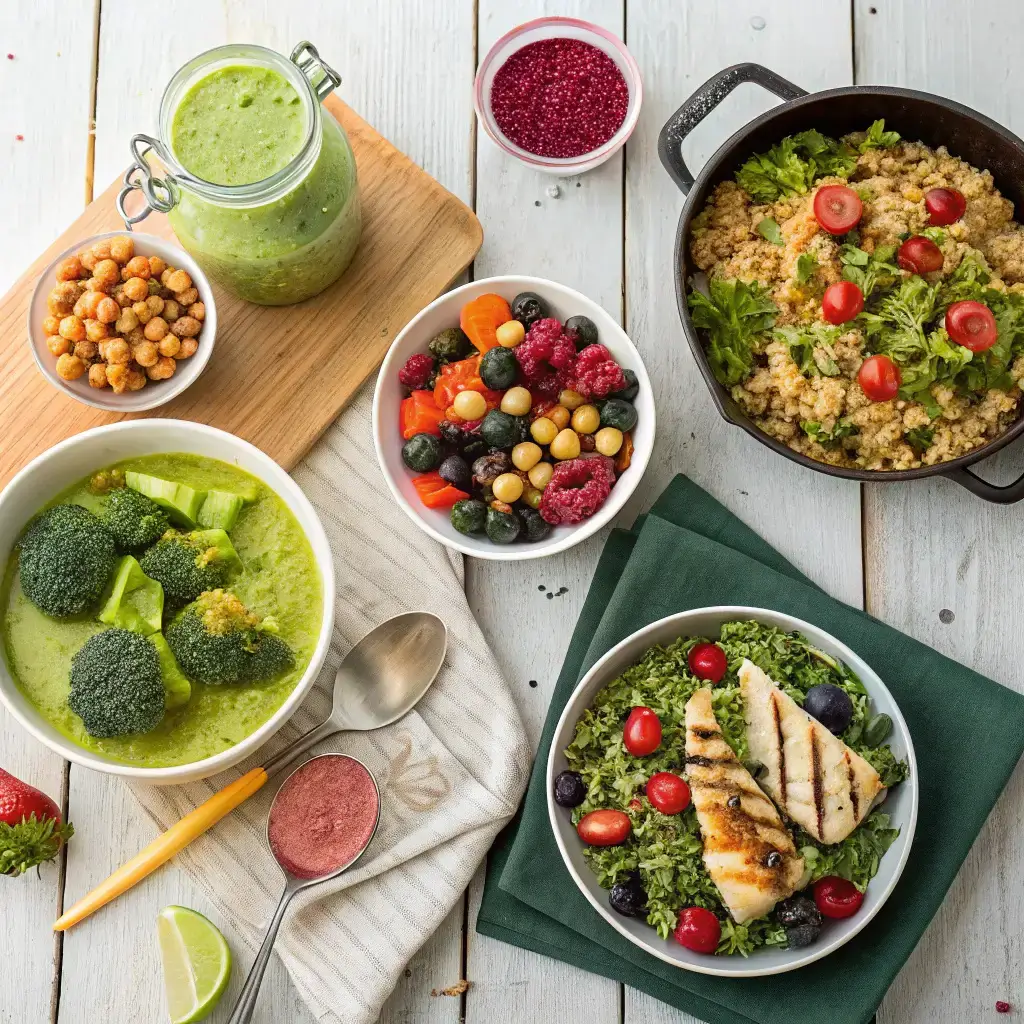 30 Healthy Meals – A colorful display of balanced dishes including vegetables, grains, lean proteins, and fresh greens.