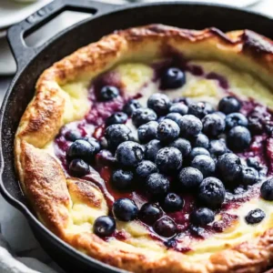 Blueberry Lemon Dutch Baby – A fluffy, golden-brown puffed pancake baked in a cast iron skillet, topped with a generous serving of juicy blueberries and a swirl of berry sauce.