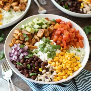 Chicken Burrito Power Bowl – A hearty bowl filled with grilled chicken, rice, corn, beans, tomatoes, cucumbers, onions, and fresh cilantro.