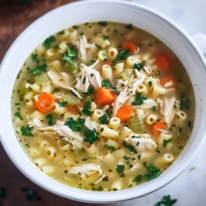 Chicken Soup with Ditalini Pasta – A warm and comforting bowl of broth filled with shredded chicken, ditalini pasta, carrots, celery, and fresh herbs.