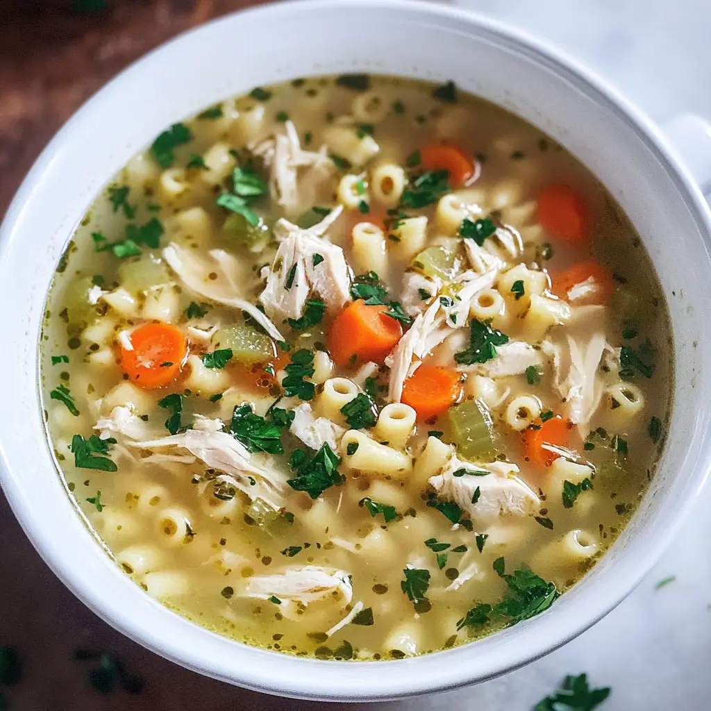 Chicken Soup with Ditalini Pasta – A warm and comforting bowl of broth filled with shredded chicken, ditalini pasta, carrots, celery, and fresh herbs.