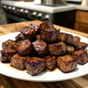 Crockpot Steak Bites – Tender, juicy cubes of beef steak slow-cooked to perfection and served on a white plate.