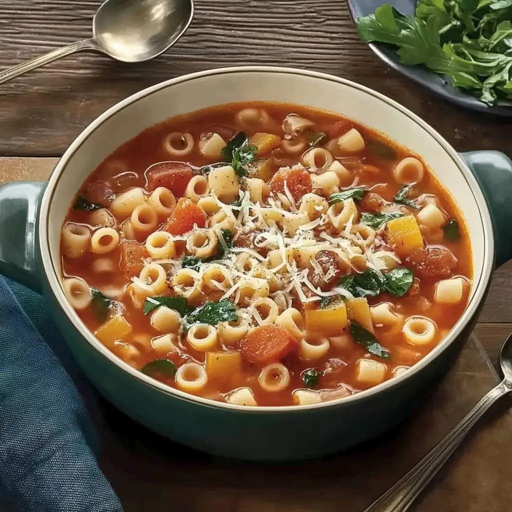 Ditalini Minestrone Soup – A vibrant bowl of vegetable-packed soup with ditalini pasta, beans, tomatoes, carrots, and leafy greens in a savory broth.