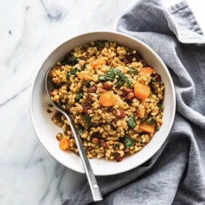 Farro & Roasted Vegetable Salad – A hearty bowl of cooked farro mixed with roasted carrots, greens, and herbs in a light dressing.