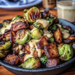Honey-Glazed Roasted Brussels Sprouts with Halal Beef Bacon – Crispy Brussels sprouts and savory beef bacon coated in a sweet honey glaze.