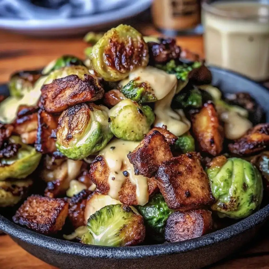 Honey-Glazed Roasted Brussels Sprouts with Halal Beef Bacon – Crispy Brussels sprouts and savory beef bacon coated in a sweet honey glaze.