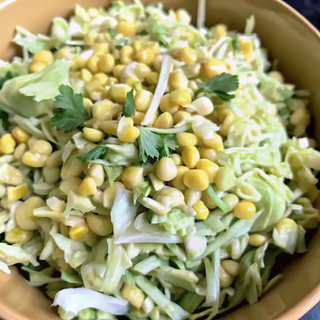 Jalapeño Corn Coleslaw – A colorful bowl of shredded cabbage, sweet corn, fresh cilantro, and a light jalapeño dressing for a spicy twist on classic coleslaw.