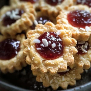 Jammy Coconut Thumbprint Tartlets – Buttery, flower-shaped tartlets filled with glossy red jam and sprinkled with shredded coconut.