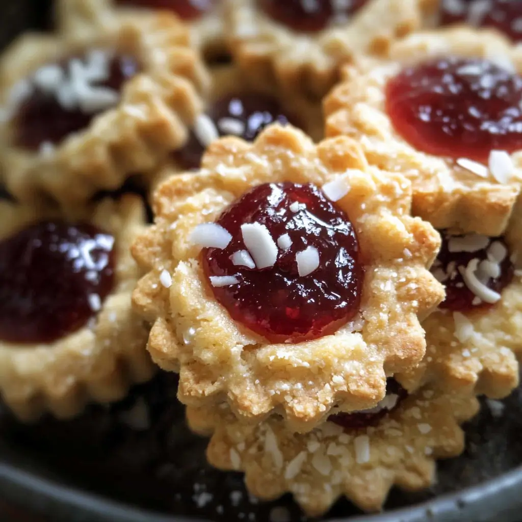 Jammy Coconut Thumbprint Tartlets – Buttery, flower-shaped tartlets filled with glossy red jam and sprinkled with shredded coconut.