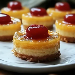 Mini Pineapple Upside Down Cheesecakes – Individual cheesecakes topped with caramelized pineapple rings and cherries, perfectly golden and glossy.