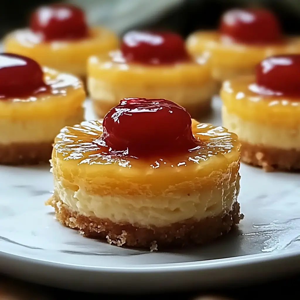 Mini Pineapple Upside Down Cheesecakes – Individual cheesecakes topped with caramelized pineapple rings and cherries, perfectly golden and glossy.