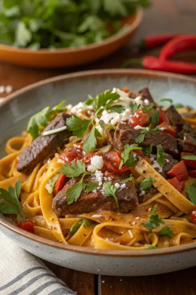 One Pot Zesty Steak Pasta – A hearty one-pan dish featuring tender steak strips, pasta, colorful bell peppers, and a creamy zesty sauce