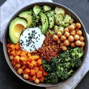 Quinoa Chickpea & Veggie Power Bowl – A colorful bowl packed with quinoa, chickpeas, roasted vegetables, and a drizzle of tahini dressing.