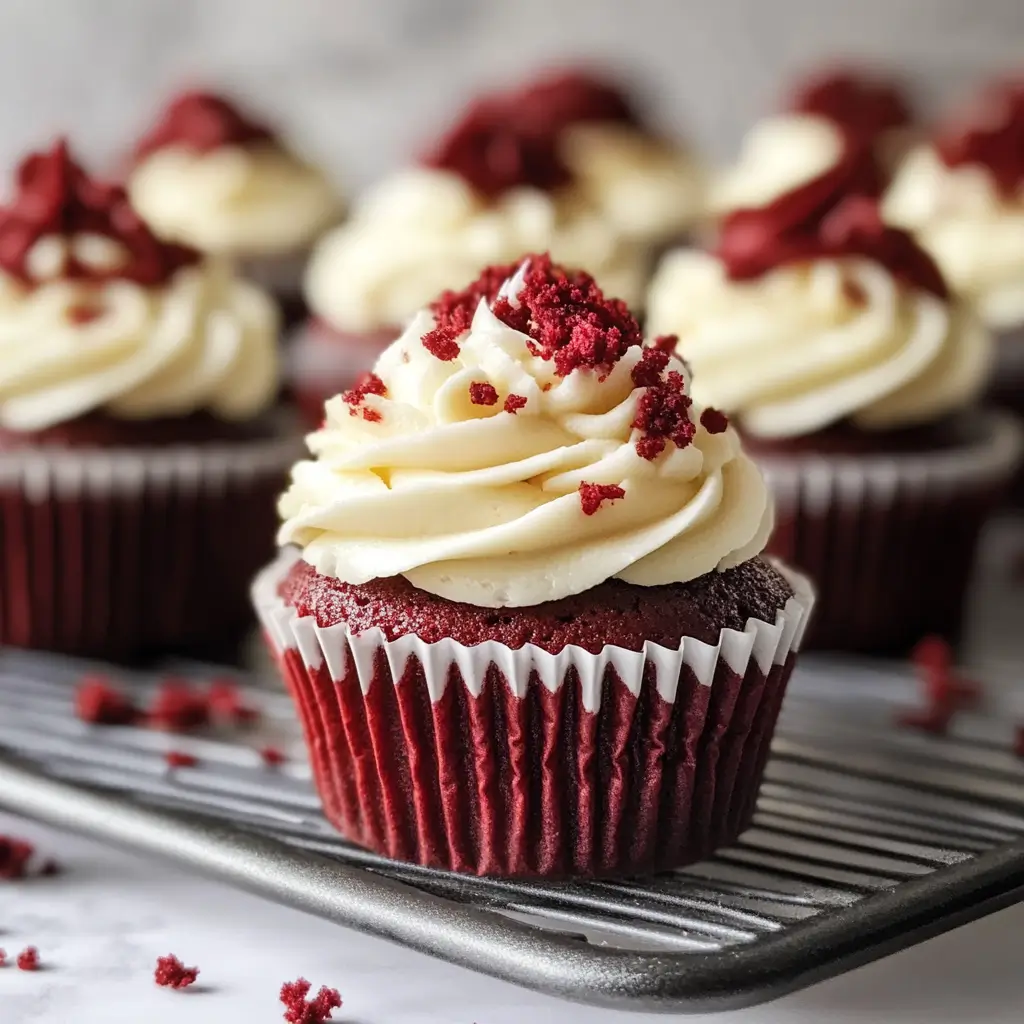 Red Velvet Crush Cupcakes – Moist red velvet cupcakes topped with creamy frosting and a sprinkle of red crumbs.