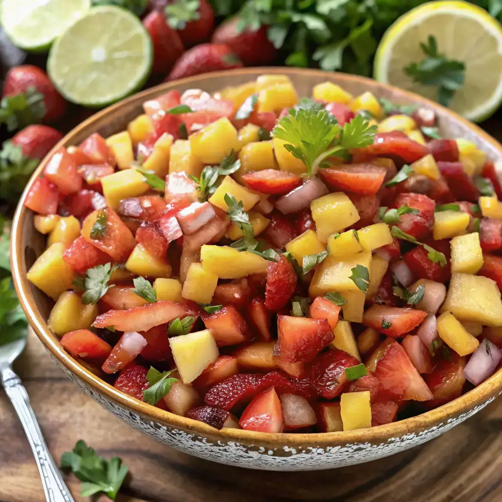 Fresh Strawberry Pineapple Salsa – A colorful bowl of chopped strawberries, pineapple, red onion, and herbs with lime in the background.