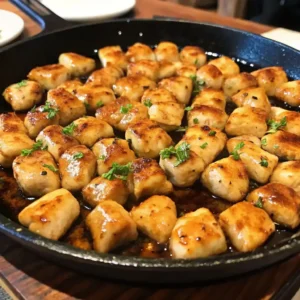 Texas Roadhouse Butter Chicken Skillet Bliss – Tender chicken bites cooked golden in buttery sauce, served sizzling hot with herbs on top.