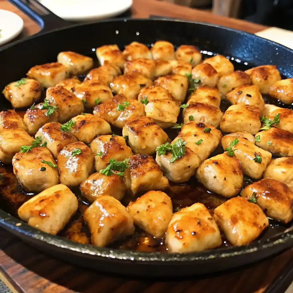 Texas Roadhouse Butter Chicken Skillet Bliss – Tender chicken bites cooked golden in buttery sauce, served sizzling hot with herbs on top.