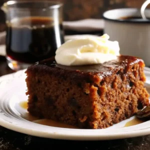 Amish Applesauce Cake Recipe – Moist spiced cake topped with whipped cream, served on a white plate with coffee in the background.