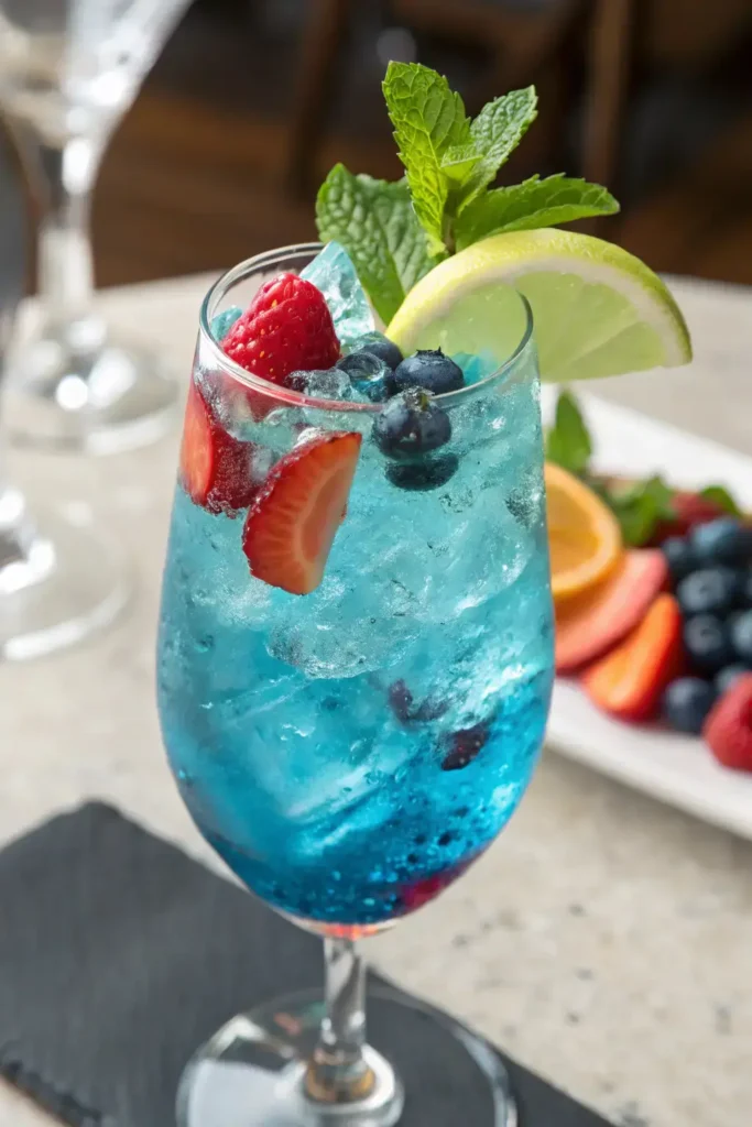 Blue AMF Drink – A vibrant blue cocktail served over crushed ice in a tall glass, garnished with fresh blueberries, strawberries, a lime wedge, and a sprig of mint.