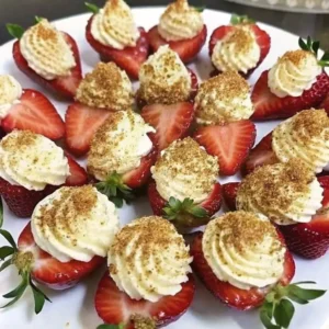 Cheesecake Deviled Strawberries – Fresh strawberries filled with a creamy cheesecake center and topped with graham cracker crumbs.