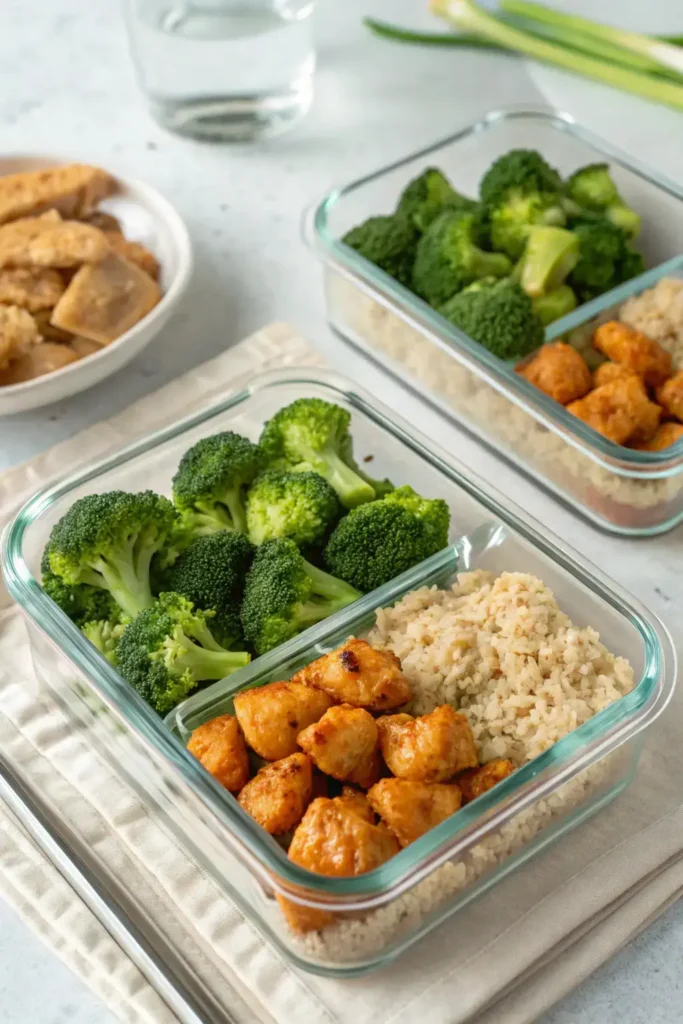 Meal prep light Bang Bang Chicken Bites with rice and broccoli