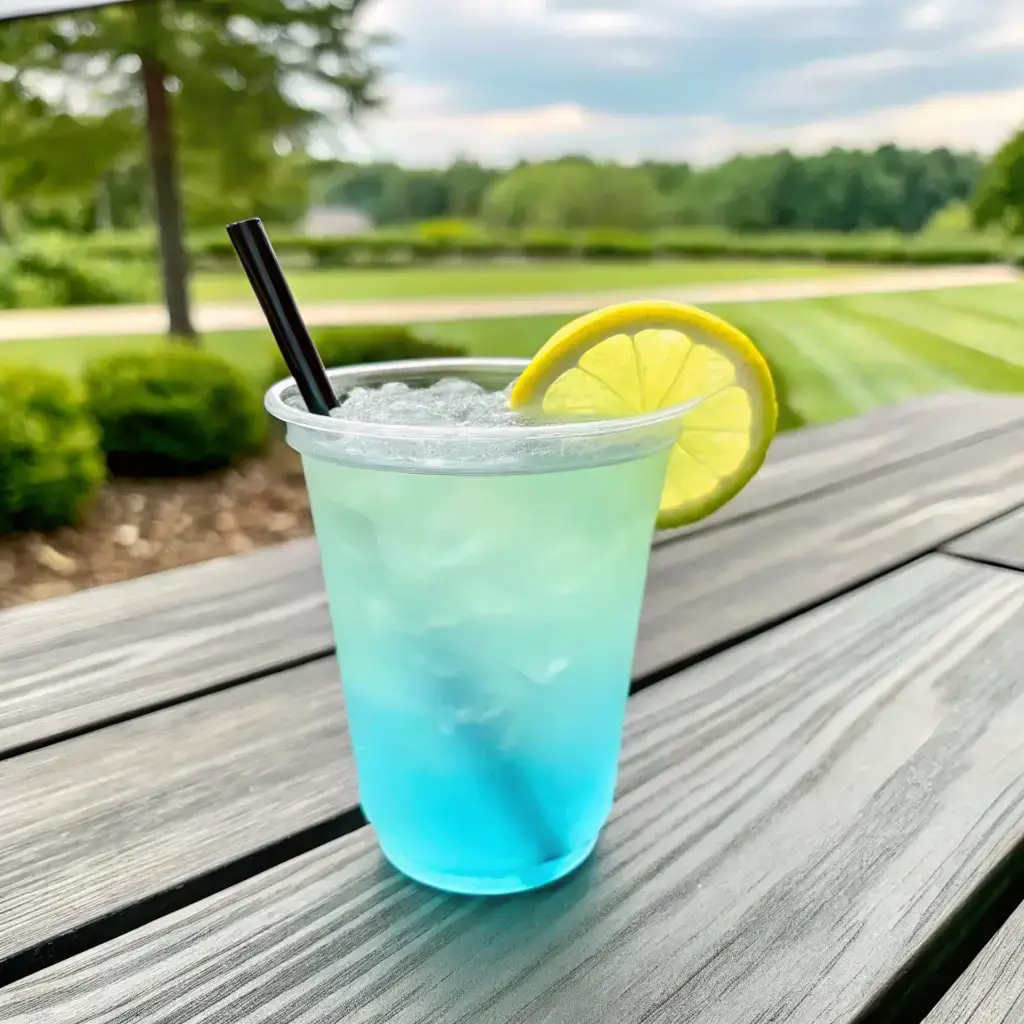 Water Hazard Golf Drink – A refreshing blue-green iced drink served in a clear plastic cup with a lemon slice on the rim and a black straw, set on a picnic table with a golf course in the background.