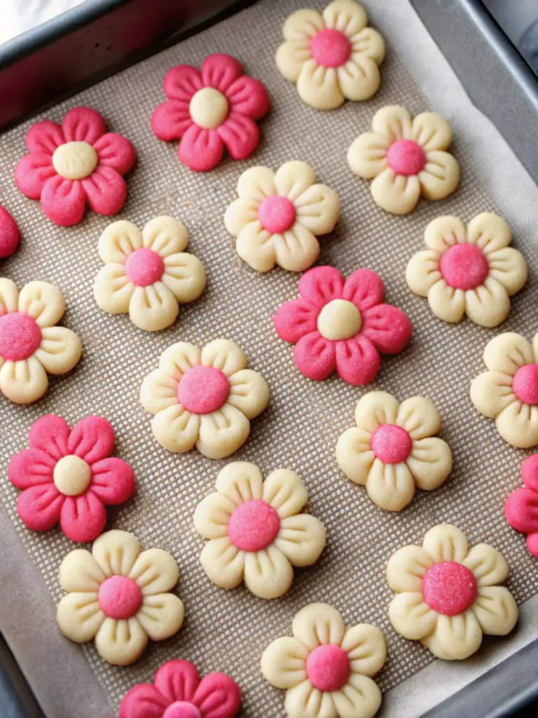 Sugar flower cookies arranged on silicone baking mat before baking with pink and vanilla colored petals