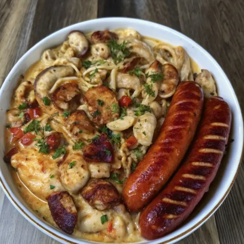 Bowl of creamy Jambalaya Alfredo with chicken, sausage, and herbs