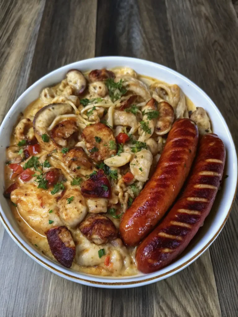 Bowl of creamy Jambalaya Alfredo with chicken, sausage, and herbs