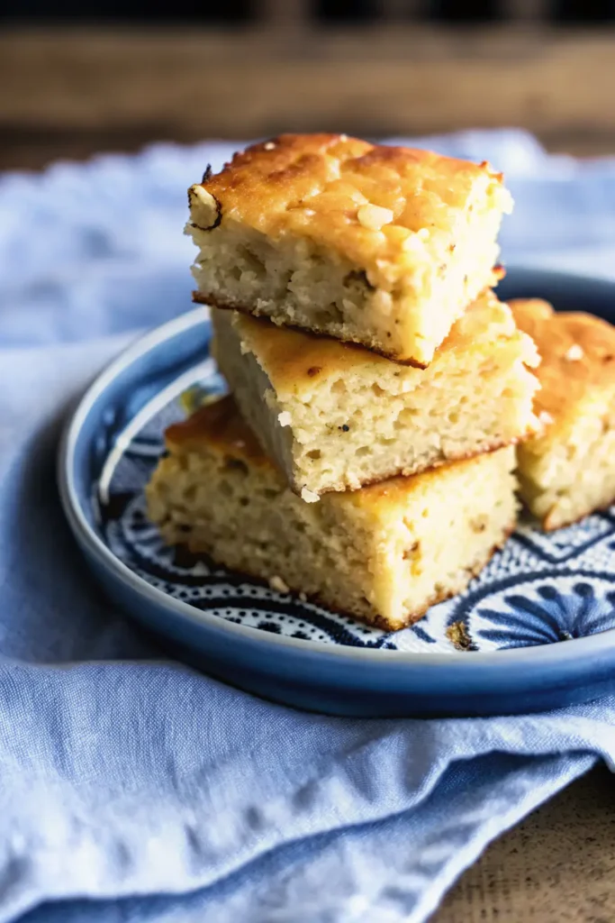 Soft and golden Mexican vegetarian cheese Jiffy cornbread casserole pieces stacked on a decorative plate