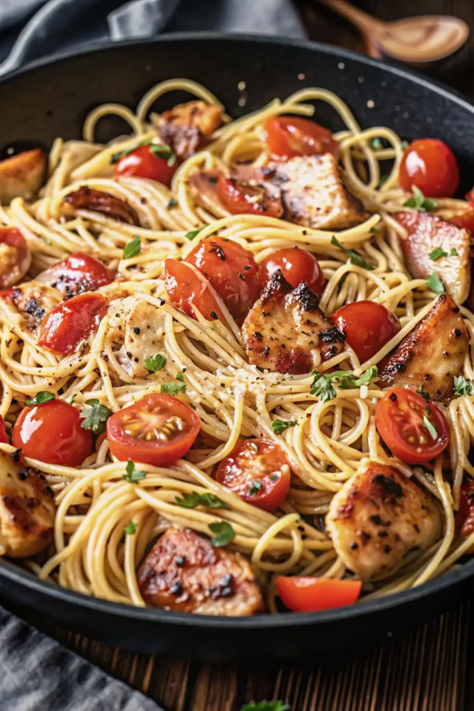Bruschetta chicken pasta with cherry tomatoes and herbs in a skillet