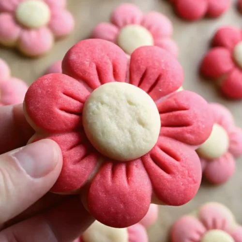 Pink sugar flower cookies with white center held in hand showing detailed petal design