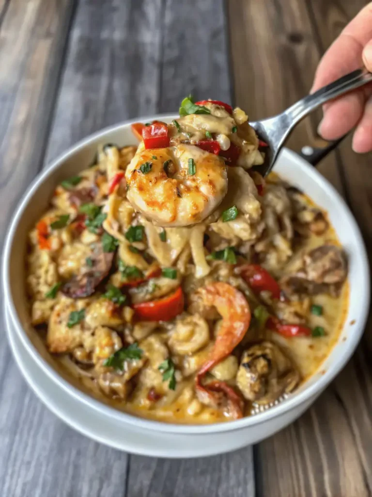 Close-up of Jambalaya pasta with grilled sausage and creamy sauce