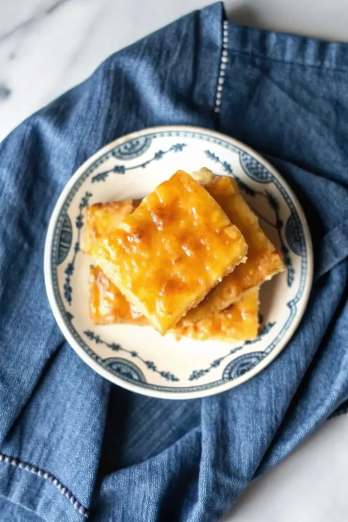 golden Mexican vegetarian cheese Jiffy cornbread casserole pieces stacked on a decorative plate