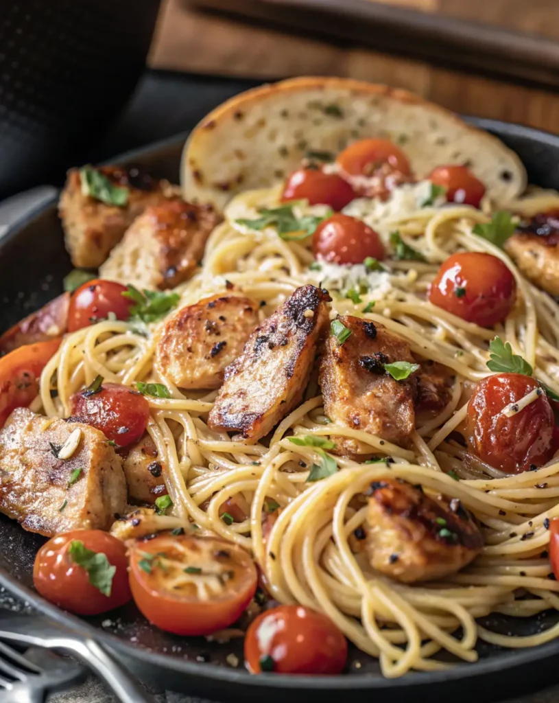 Bruschetta chicken pasta served with cherry tomatoes and herbs