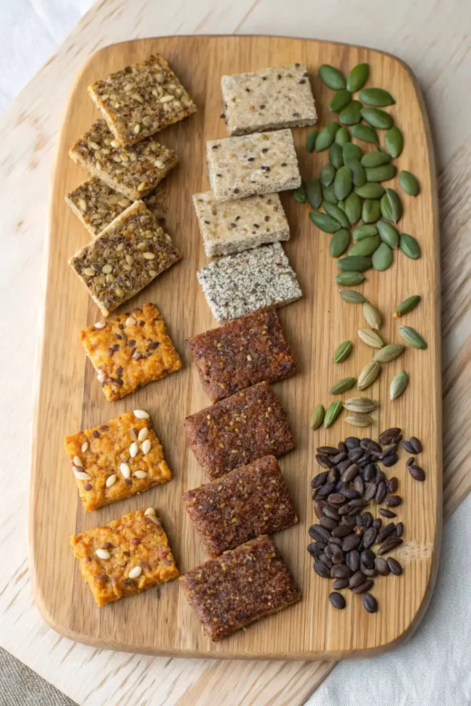 Assorted homemade bariatric-friendly seed crackers with pumpkin seeds, cardamom, and other natural seeds