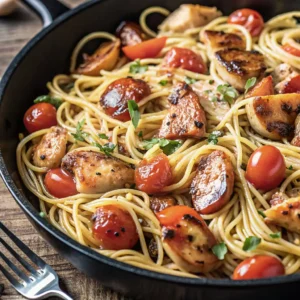 Bruschetta chicken pasta with cherry tomatoes and herbs in a skillet
