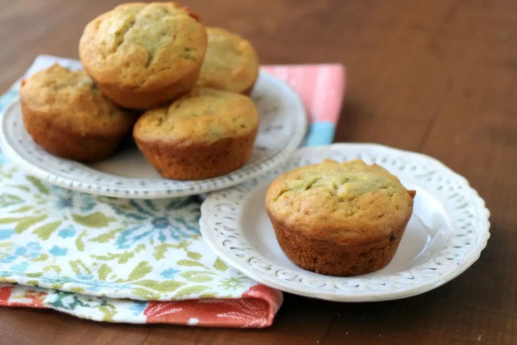 Banana zucchini muffins on white plates